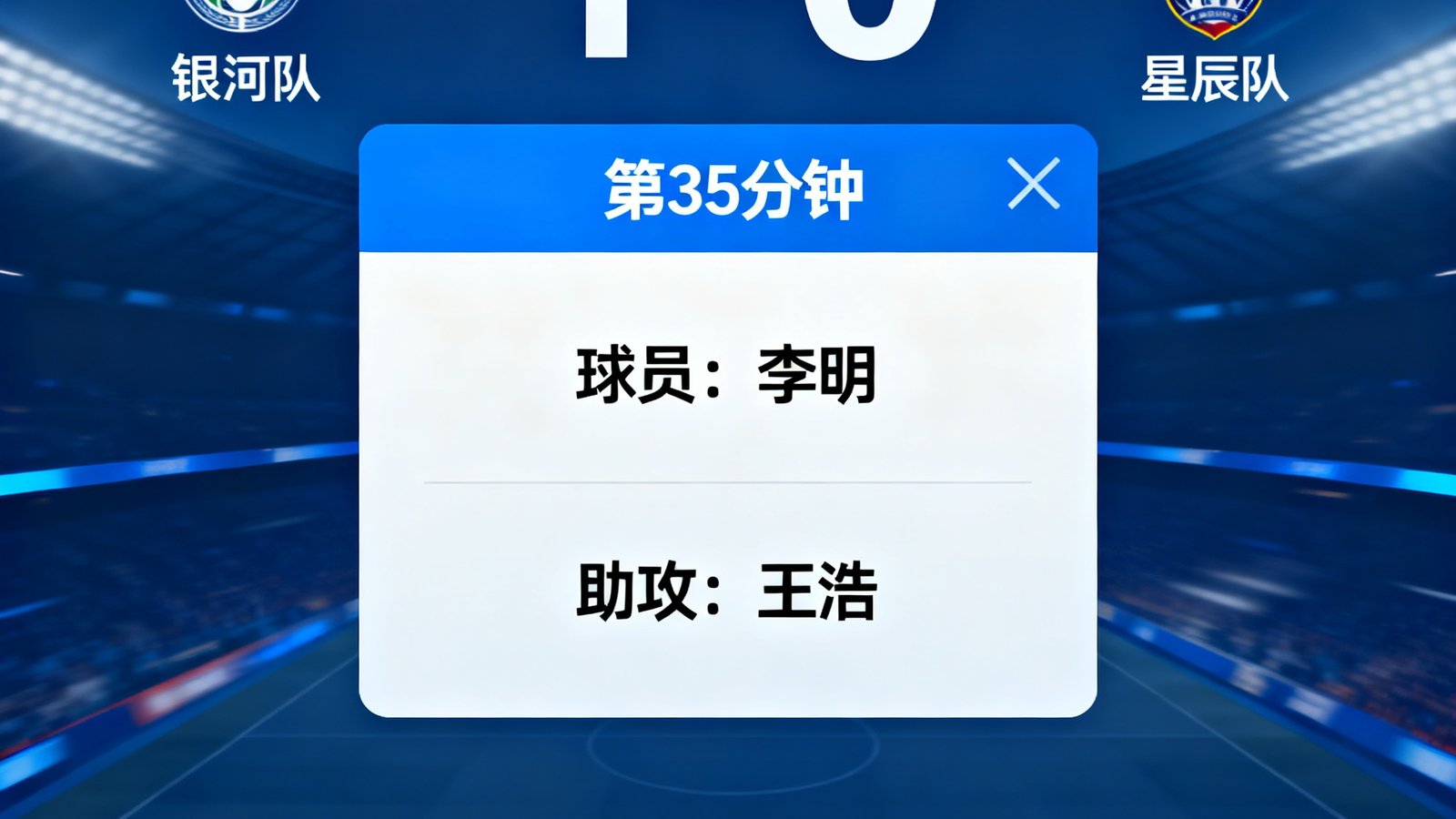 滚动比分条实时更新，进球弹窗显示球员姓名、进球时间及助攻者